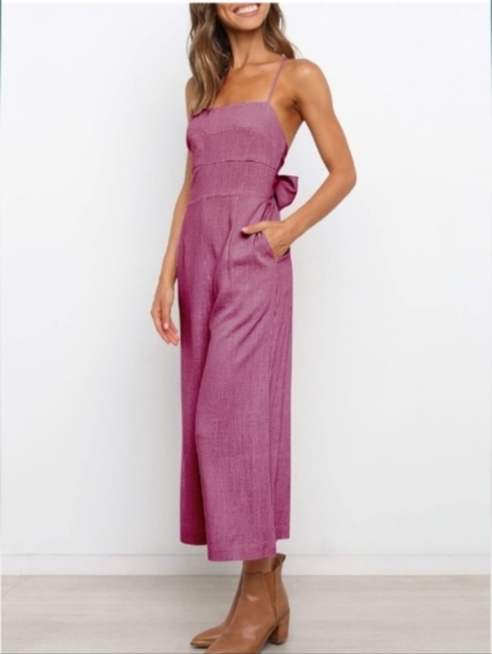 NWT-Anrabeas Women's Sphagetti Tie Back Sleeveless Wide Leg Pockets Jumpsuit. - Picture 2 of 4